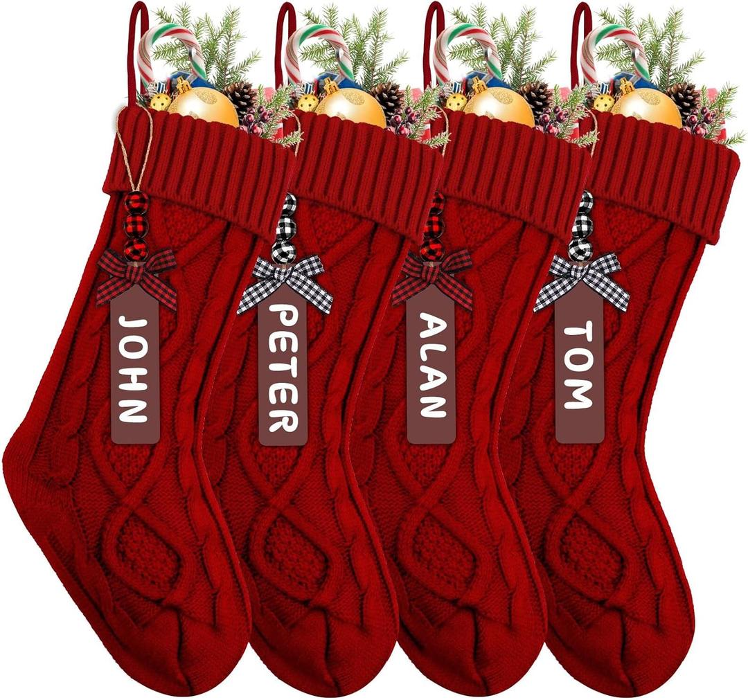 XIMISHOP 4PCS Christmas Stockings with Name Tags, 18inch Large Personalized Cable Knitted Xmas Hanging Stocking Decorations for Holiday Christmas Party Family Decor (Red)