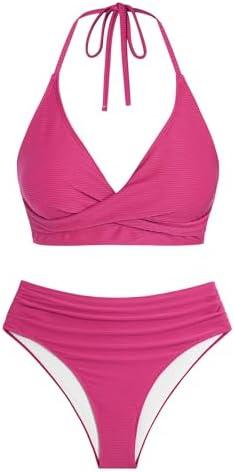 ZAFUL Twist High Waisted Bikini for Women Cross Lace Up Bathing Suit Ruched Bikini Swimsuits Tummy Control Swimwears Size S