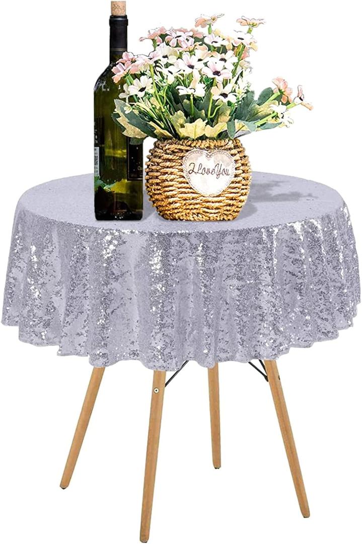 50 Inch Round Silver Sequin Tablecloth, Metallic Glitter Sparkle Table Cover for Small Cake Table or Overlay, Sequin Fabric Table Cloths for Wedding Birthday Party Decorations