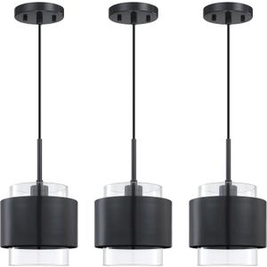 3 Pack 1 Light Hanging Indoor Kitchen Island Pendant Light Fixture,7.1" Drum Glass Shade Pendant Ceiling Light Black Finish for Modern Farmhouse Dinning Over Sink