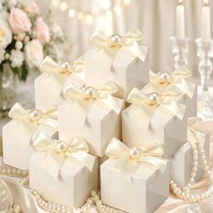 Motiskyy 50 Pcs Wedding Small Party Favor Boxes with Pearl Bow 2.36 x 2.36 x 2.36 Inch Ivory White Chocolate Treat Gift Mini Candy Boxes Wedding Souvenirs for Guests Bridal Shower Birthday Party