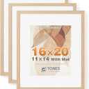 TONES FRAME DESIGN 16x20 Solid Wood Frames Set of 3,Natural Oak Wood Picture Frame can Display Photo 11x14 With Mat or 16 x 20 Without Mat,Poster Frame for Wall Home Decor,3 Pack, 16x20-3pk