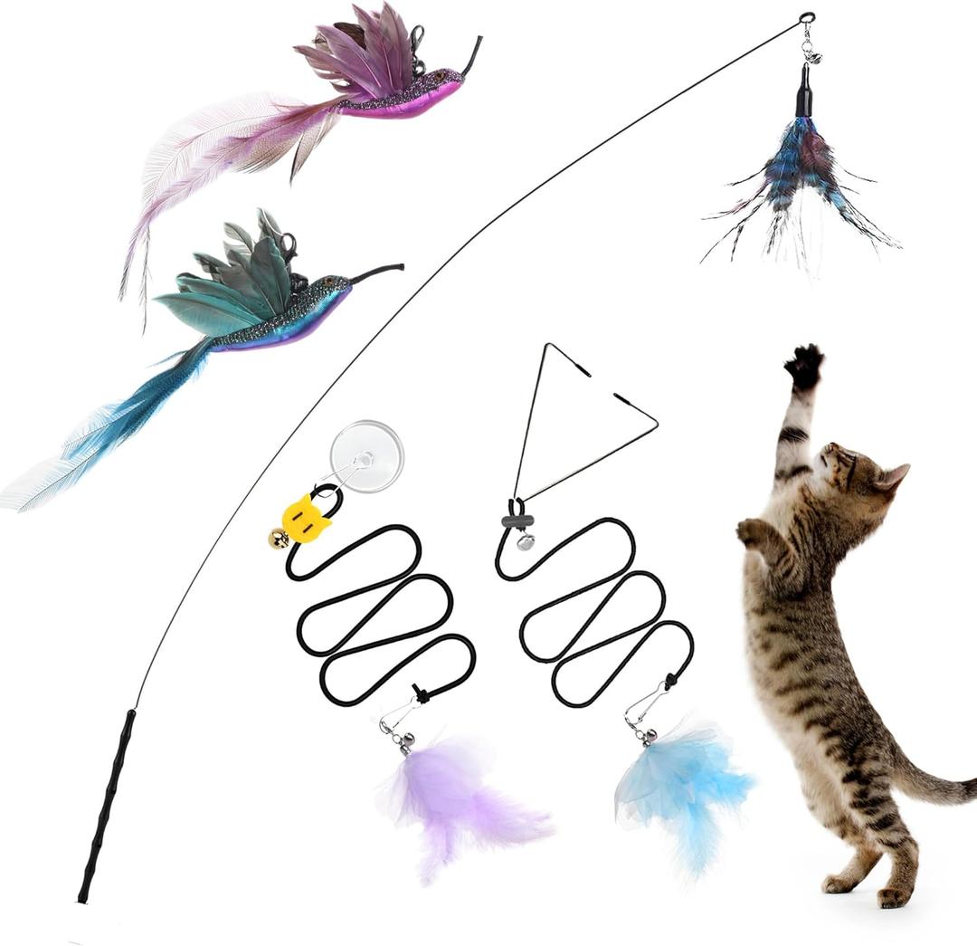 3-in-1 Interactive Bird Simulation Cat Wand Toys Set, Cat Hanging Door Toy, Include Detachable 5PCS Replacements Feather Toys and 2 Types Door Hanging String