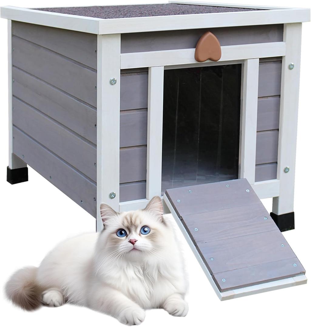 Rockever Outdoor Cat House,Outdoor cat Houses for Feral Cats Weatherproof Rabbit Hutch Small, Wooden Small Pet House and Habitats-Grey