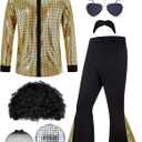 70s Disco Outfit for Men 70s Costume with Retro Shirt Bell Bottom Pants Wig Sunglasses Necklace Mustache (Black, XXXL)