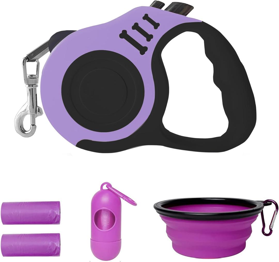 Retractable Dog Leash Automatic Telescopic Tractor Dog Tape, Pet Tape 16 FT Durable and Convenient, with Folding Bowl, Dispenser, Rubbish Bags, Suitable for Dogs (Black Purple Set)