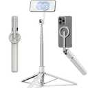 TONEOF 68" Magnetic Selfie Stick Tripod with Aluminum Strong Magnetic Holder for Magsafe, 360° Rotatable Travel Phone Tripod Stand with Metal Ring & Rechargeable Remote for iPhone/Android(Beige Gray)