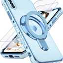 Liufcx for iPhone Xs Max 6.5" Love Heart Kickstand Case with 2X Screen Protector: Luxury Plated Gold Edge Slim Soft TPU Shockproof Protection Case Cover for iPhone Xs Max (Blue)