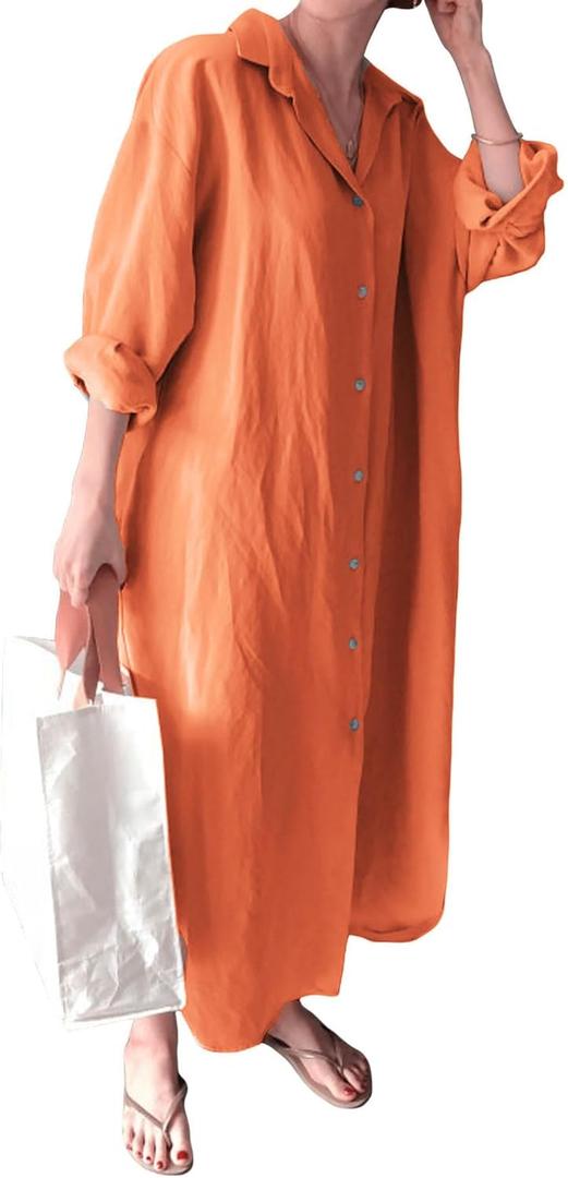 GGUHHU Womens Chic Button Down Rolled-Up Sleeve Long Cotton Blouse Maxi Dress (X-Small, Orange) (Orange, XS)