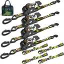 KJE Camo Retractable Ratchet Straps, (4) 1" x 10' Tie Down Strap + (4) Soft Loop -Heavy Duty 1,650lb Max Break Strength, S-Hook W/Clip, Self Retracting Ratchet Strap for Motorcycle, Kayak, ATVs, Boats