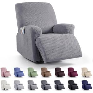 KinCam Recliner Covers, Stretch Reclining Chair Covers, Recliner Sofa Slipcovers Stripe Jacquard Recliner Couch Covers Furniture Protector Covers for Pet Kid (1 Seater, Light Gray)