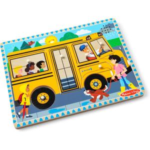 Melissa & Doug The Wheels on The Bus Song Puzzle – 8Piece Wooden Peg Puzzle with LightActivated Sounds, Music Learning Toy for Toddlers and Preschoolers Ages 2+