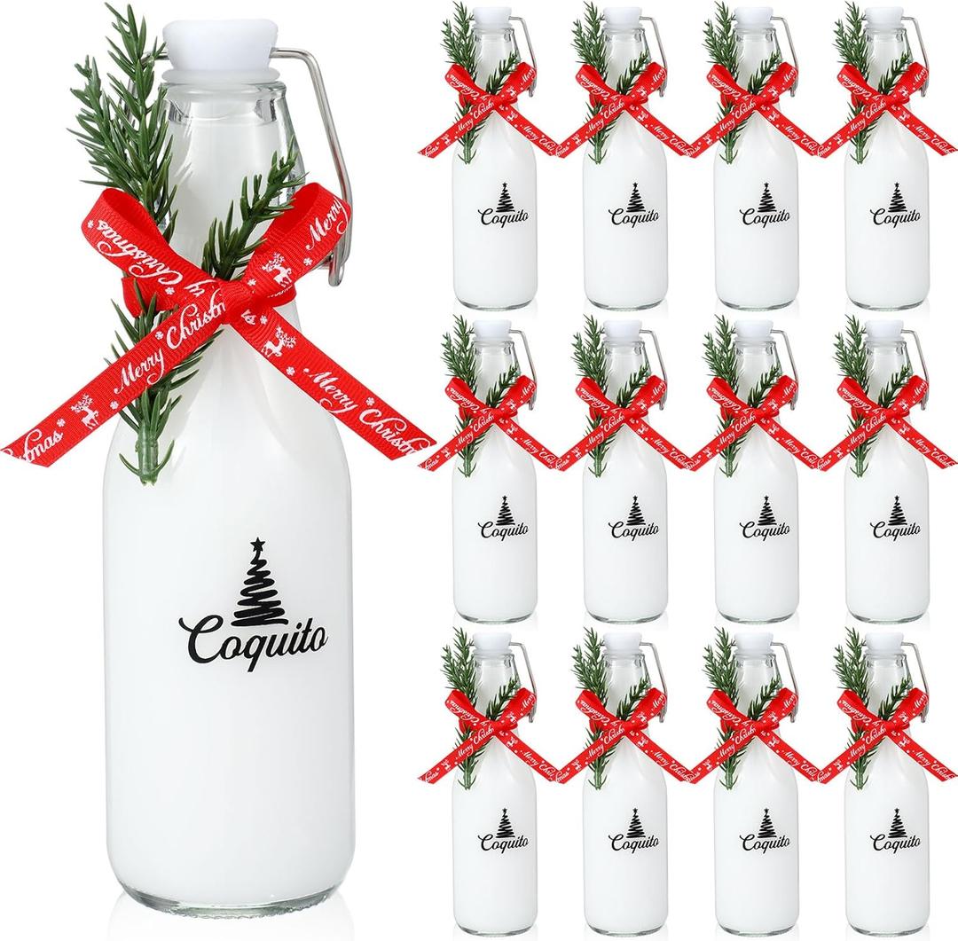 Sieral 12 Pack Christmas Coquito Glass Bottle 8oz Clear Flip Swing Top Beer Brewing Bottles with Ribbon and Artificial Branches for Liquids Wine Christmas Tree Xmas Gifts