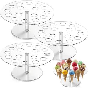 3 PCS Acrylic Ice Cream Cone Holder, 16 Holes Cupcake Display Stand, Clear Food Grade Display Rack for Cotton Candy, Sushi, Popcorn, Parties & Events
