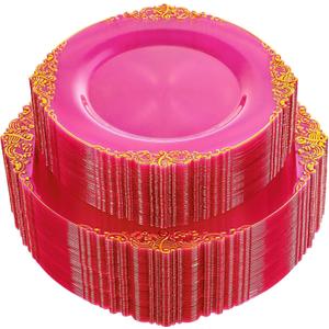 102PCS Clear Hot Pink Plastic Plates - Pink Disposable Plate with Gold Rim - Hot Pink Party Plates Include 51PCS 7.5inch Dessert & 10.25inch Dinner Plate for Wedding Birthday Party