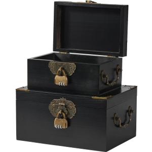 2PCS Wooden Decorative Storage Box with Lids Handmade Memory Box for keepsakes Metal Handle Treasure Chest Vintage Wood Baskets with Code Lock Jewelry Box Desk Organizer Container, Black