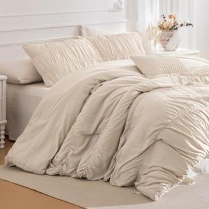 Lady Ann Oversized King 120 x 98 Bed Comforter Set- Wheat Ruched Boho Comforter Set for Bedroom, 3 Piece Fluffy Bedroom Set with Pillow Shams Ultra Soft All Season Bed Sets for Women Men