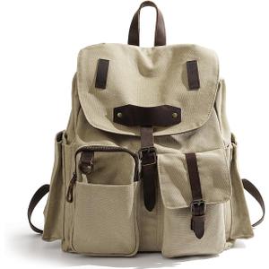 Vintage Canvas Backpack for Men & Women, Durable Large Capacity Rucksack Fits 15.6 inch Laptop, Multi Compartment Casual Daypack for Work, College, Travel & Hiking  Khaki