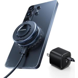 TORRAS PolarCircle Qi2.2 Wireless Charger, 25W Cooling Magnetic Pad for Samsung Galaxy S26/S25, Wireless Charger for iPhone 17/16 with 360Spin Stand, Semiconductor Phone Cooler, with 45W IceNano Plug (Deep Black)