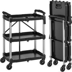 YITAHOME 240LBS Folding Utility Cart with Wheels, Foldable Utility Service Cart 3 Tier Collapsible Rolling Cart with 360Swivel Wheels (2 with Brakes), Portable Cart for Home Garage Restaurant Office
