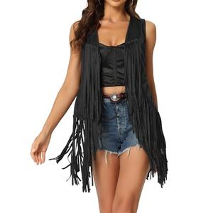 Allegra K Women's Sleeveless Fringe Vest Open Front Western 70s Outfits Faux Suede Tassel Cardigan Small Black