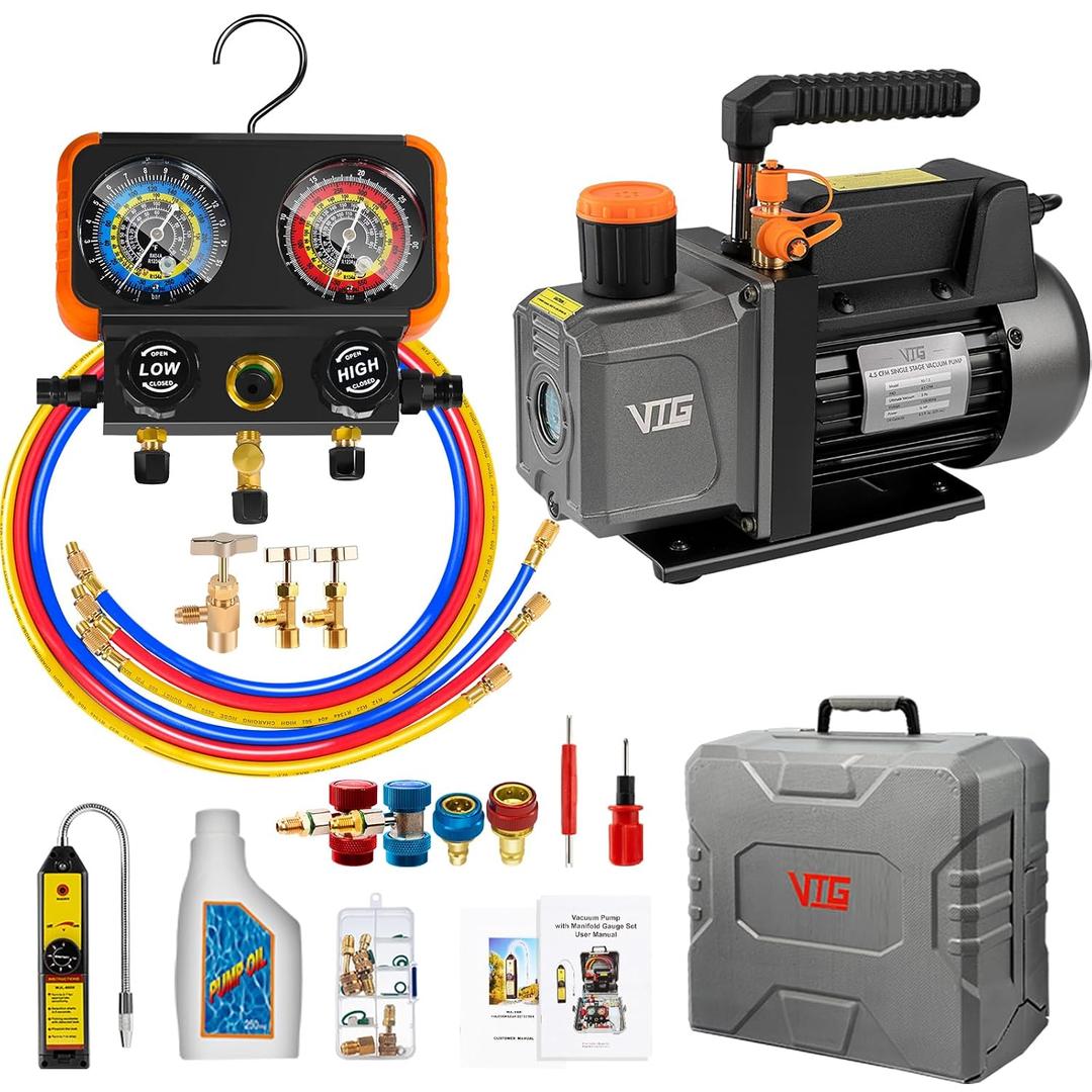 VTG VOGTEN R1234yf AC Vacuum Pump and Gauge Set,4.5CFM Vacuum Pump Manifold Gauge Kit for Auto HVAC Compatible with R1234yf,R404a,R134a,Includes Leak Detector,R1234yf Can Tap,Quick Coupler Adapters