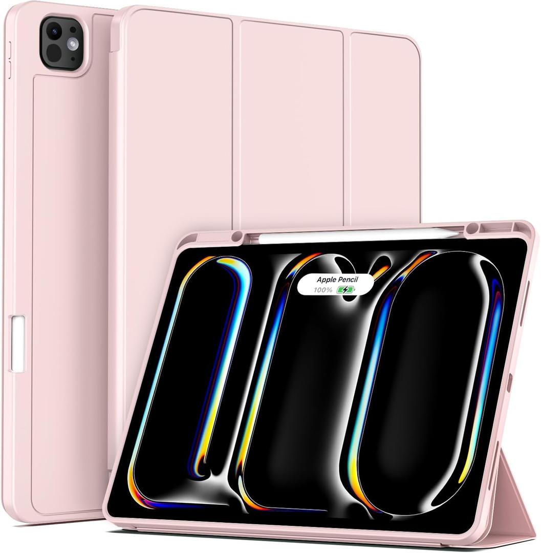 Aoub Case for iPad Pro 11 Inch Case (M4) 2024 5th Generation with Pencil Holder, Protective Cover with Soft Smooth TPU Back, Auto Wake/Sleep, Supports Pencil Pro & Pencil USB-C Charging - Pink (Pink)