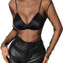 OYOANGLE Women's Mesh Sheer Long Sleeve Shirts See Through Lettuce Trim Mock Neck Tee Tops (Large, Black)