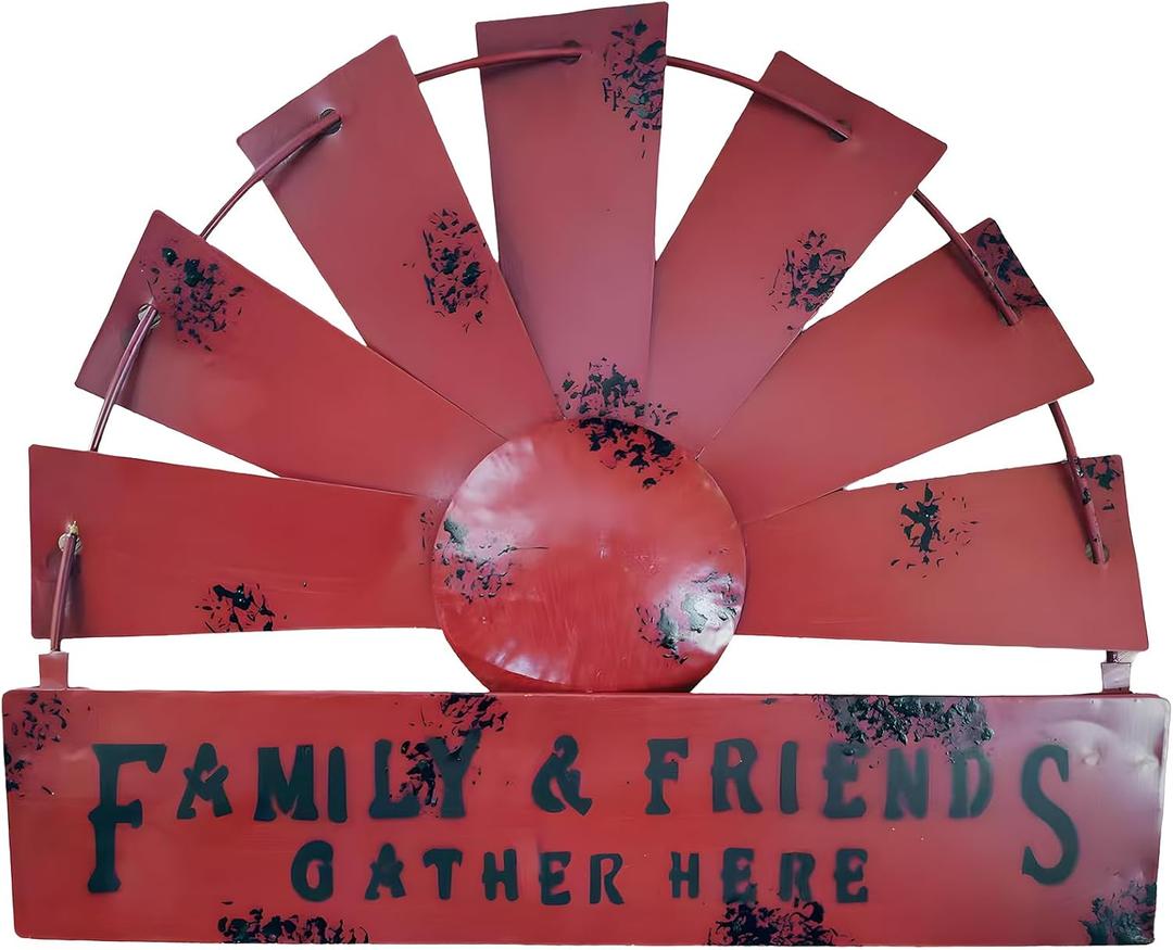 Fleecy day Farmhouse Windmill Wall Decor, Rustic Metal Kitchen Wall Decorative, Iron Art Hanging Wall Decoration, Country Home Decor Sculpture Art for Kitchen, Living Room, Bedroom, (Semicircle, Red) (16"L x 12.6"W)