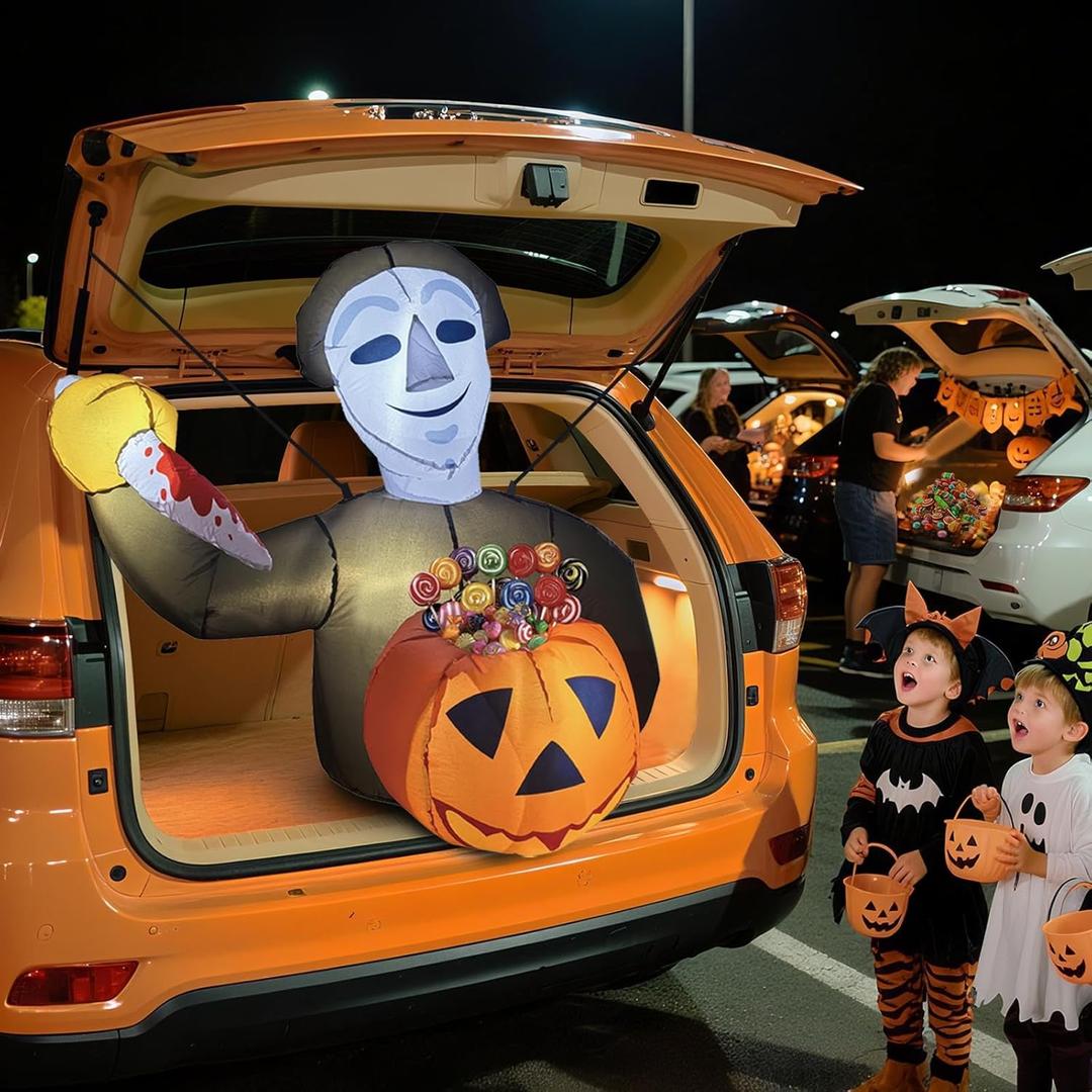 2025 Halloween Trunk or Treat Car Decorations, Pumpkin Killer-Themed Halloween Car Inflatable Decor, Built-in LED Lights & Candy Pocket for Outdoor Trunk Parties & Events