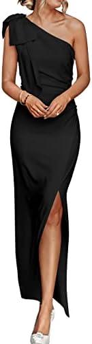 PRETTYGARDEN Women's Summer One Shoulder Long Formal Dresses Sleeveless Ruched Bodycon Wedding Guest Slit Maxi Dress Size L
