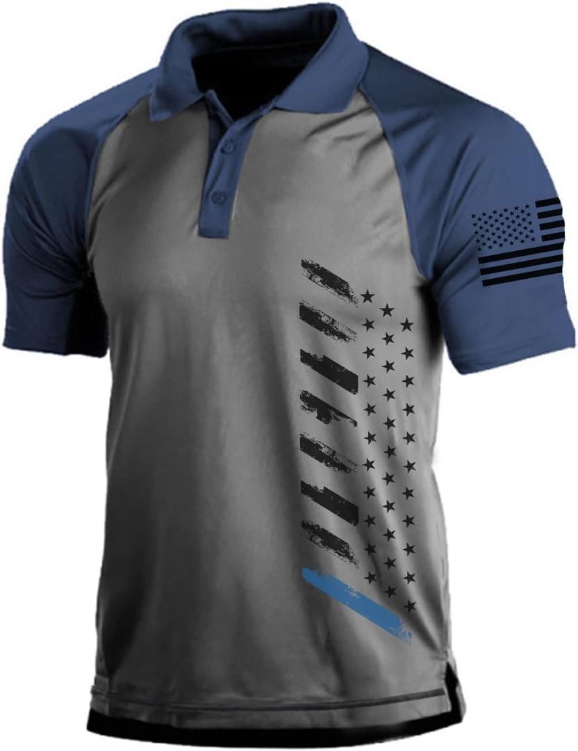 H HYFOL Short Sleeve Polo Shirts for Men Graphic Stretch Casual American Patriotic Raglan Golf Polos for Men (S)