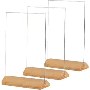 TONICE 3 Pack 5x7 Acrylic Sign Holder T Shape Clear Acrylic Double Sided Frames with Wood Base Table Menu Display Stand Flyer Display (Optional 8.5x11/5x7 Inch L/T Shape)