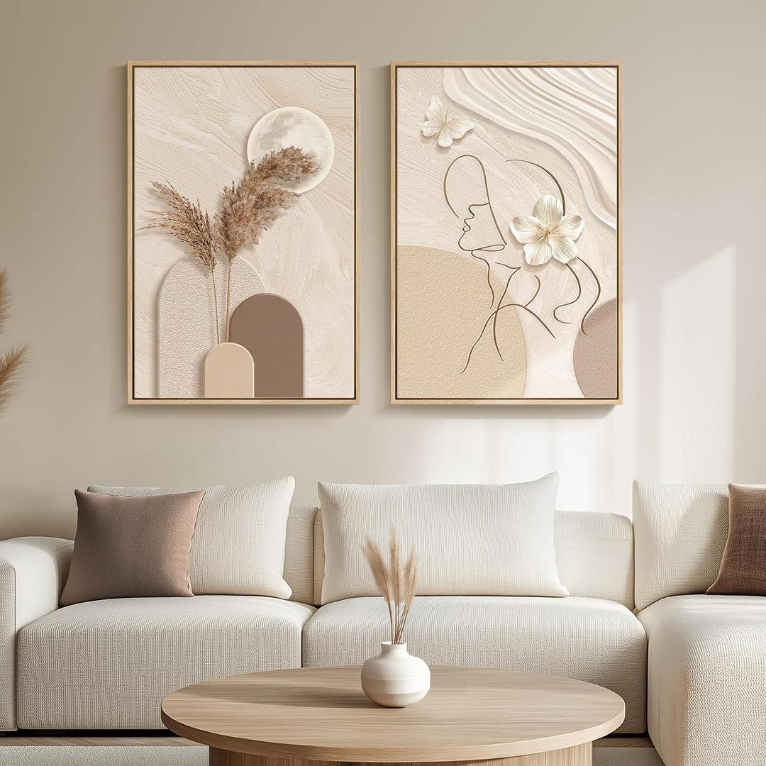 Large Framed Neutral Abstract Wall Art for Living Room, Set of 2 Modern Warm Beige and Taupe Canvas Artwork for Walls, Woman Silhouette Paintings Prints Wall Decor for Bedroom Home Office, 20x30 Inch, 20" W x 30" H x 2Pcs