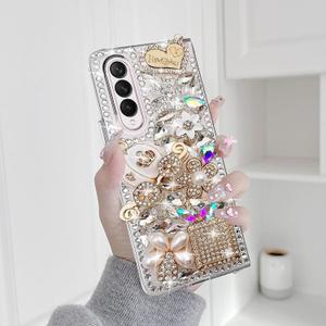Omio for Galaxy Z Fold 3 5G Case, Luxury 3D Handmade Sparkle Rhinestone Iron Tower Pendant Pumpkin Car Flowers Crystal Diamond Bling Glitter Hard PC Cover for Women Girls, White