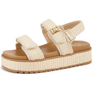 LUCKY STEP Women's Raffia Platform Wedge Sandals Open Toe Slingback Sandals Adjustable Double Strap Beach Sandals, 10