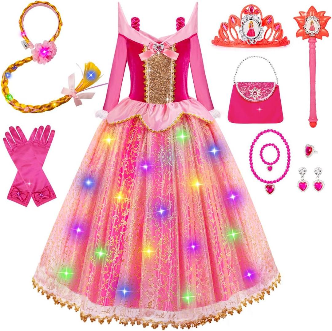 Meland Princess Dresses for Girls - Light Up Princess Dress Up for 3-10 Year Old, Costume for Girls Halloween Birthday (7-8 Years, Red)