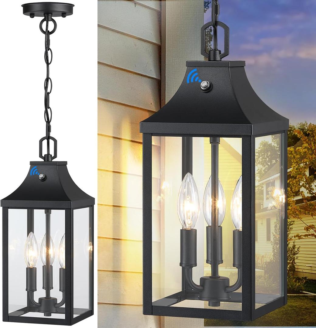15'' Large Outdoor Pendant Light Fixtures 3-Light, Dusk to Dawn Exterior Hanging Lantern Porch Light Adjustable, Black Hanging Lamp Farmhouse Exterior Chandelier Ceiling Mount for Patio, 1Pack
