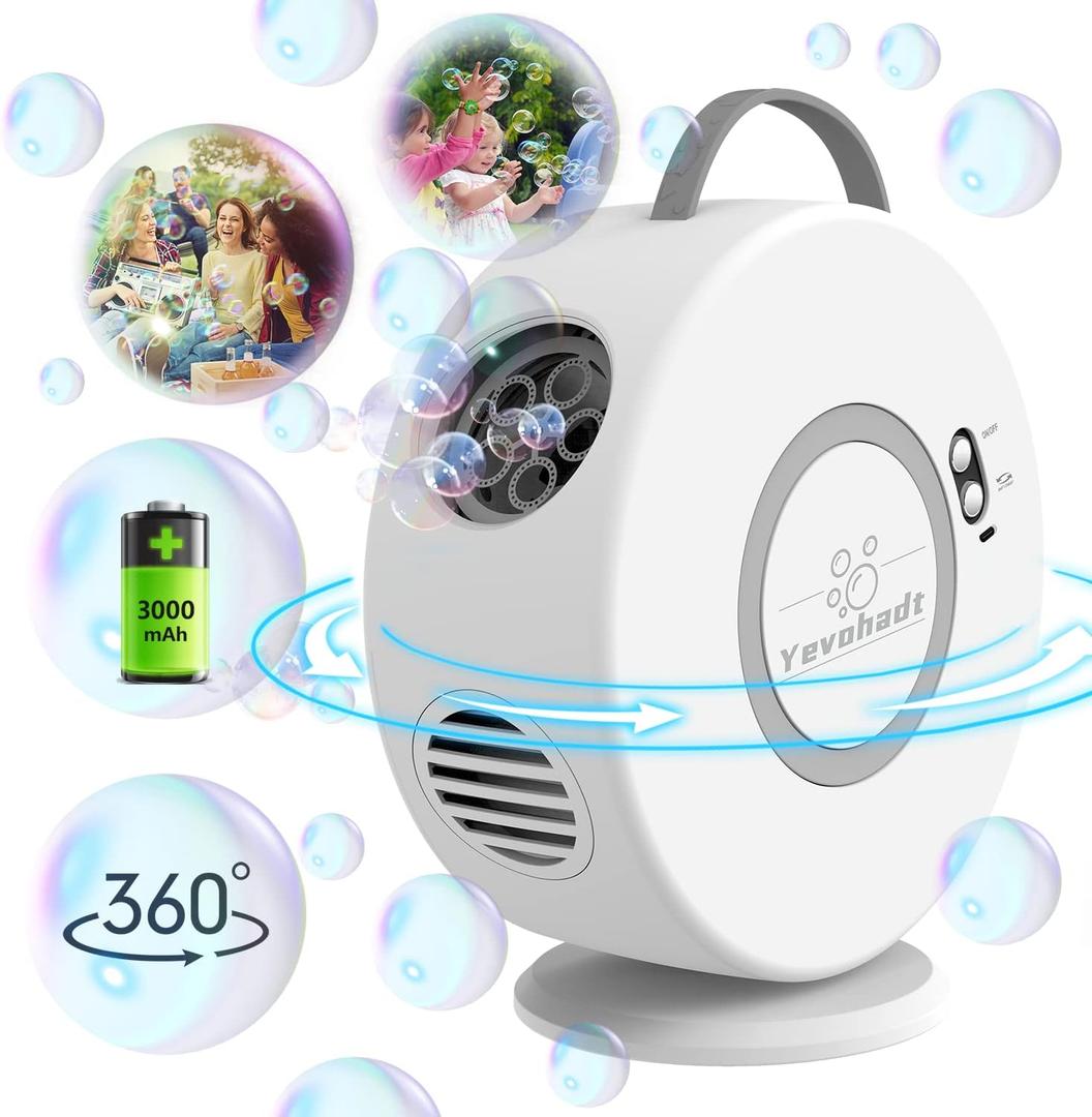 Bubble Machine for Kids Toddlers,Automatic Bubble Blower Rechargeable, 90 360 Auto Rotatable Portable Bubble Maker Electric Bubbles Toy for 3 4 5 6 7 8 Year Old, Outdoor Wedding Party Gifts (White)