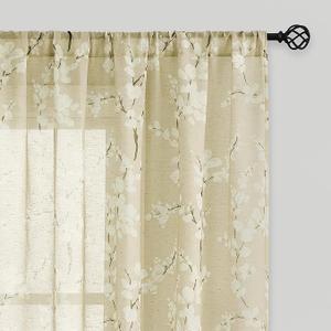 FMFUNCTEX Linen Sheer Curtains for Bedroom, Grey White Blossom Print Curtains 63 Inch Length for Living Room, Floral Patterned Farmhouse Curtain Light Filtering Window Drapes 2 Panels, Rod Pocket