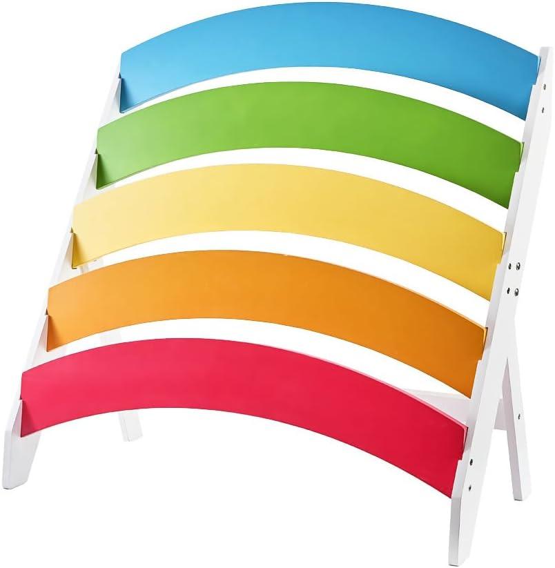 Wooden Kids Bookshelf, Rainbow Book Shelf for Kids Rooms, 4 Tier Toddler Storage Book Rack, Montessori Bookcase for Playroom, Nursery, Living Room