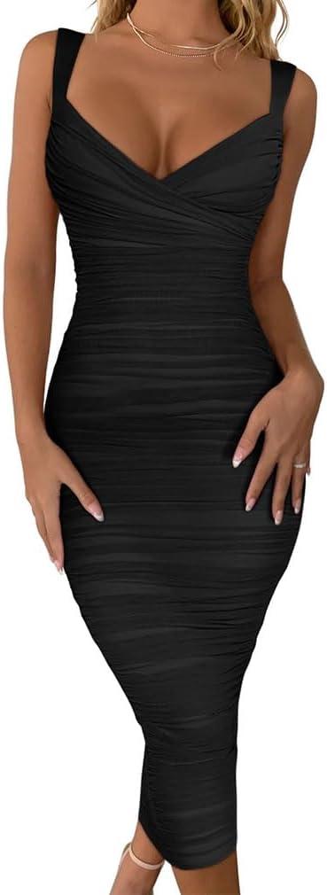 BEAGIMEG Women's Sexy Bodycon Sleeveless Ruched Mesh Club Party Midi Dress (Medium, Black)