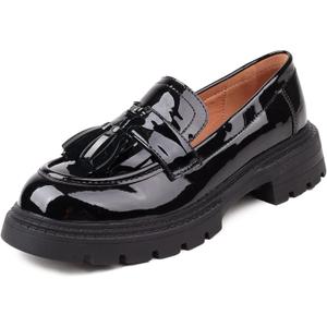 British Style Women's Fashion Loafers, Patent Leather Tassel Loafers, Black Thick-Soled Loafers, Slip-on Thick-Soled Loafers, Simple Casual Flat Shoes, Plus Size Shoes. (7)