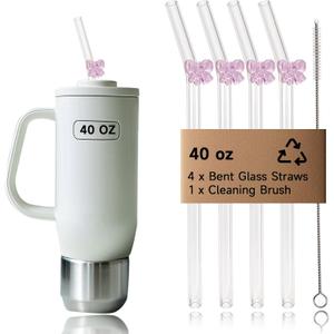 4-Pack 12.2 Reusable 40oz Tumblers Straws, Long Glass Straw with Charms, Pink Bow Replacement Tall Straws/12 in' Cleaning Brush, Coffee,Smoothies, Milkshake, Matcha Lattes, Aesthetic Gift