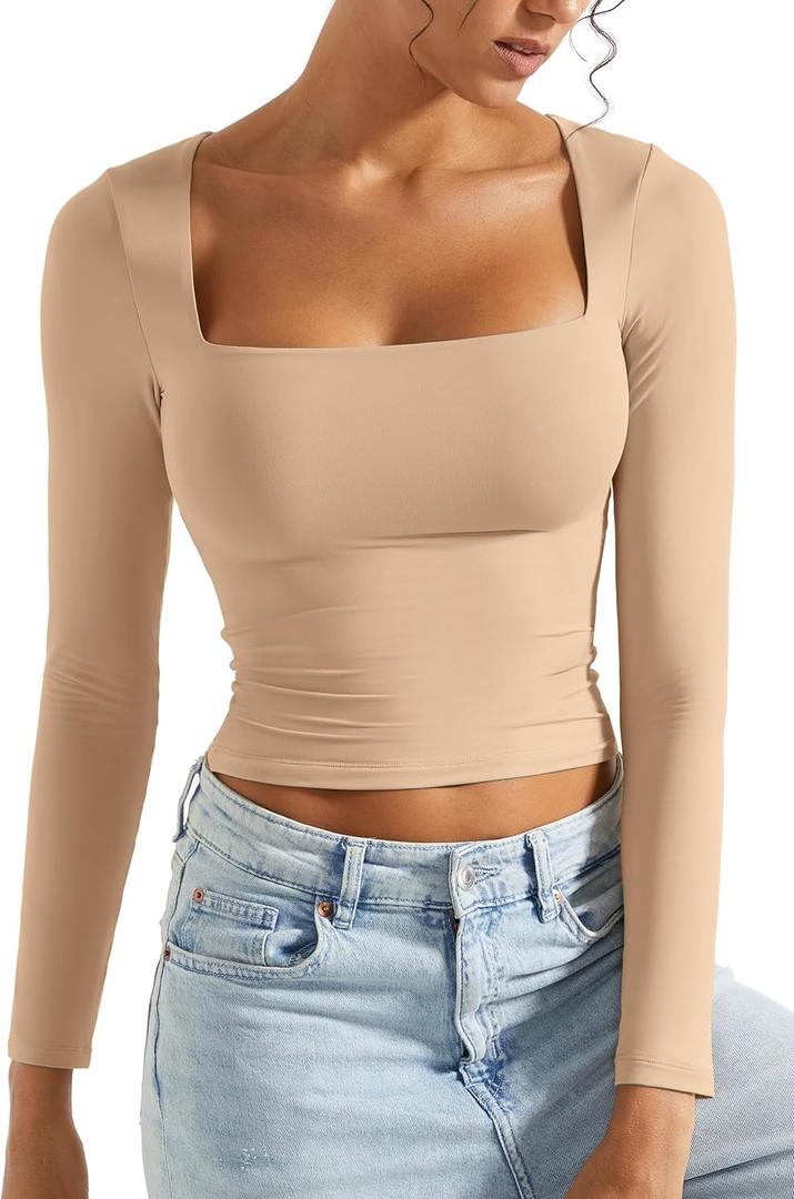 SUUKSESS Women Square Neck Long Sleeve Tops Double Lined Going Out T Shirts (Medium, 11 Nude)