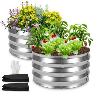 Round Galvanized Raised Garden Bed 2 Pack, 2×2×1ft Metal Planter Box with Fabric Liner Included, Tool-Free Assembly Rust-Resistant Garden Bed for Vegetables Flowers Herbs Outdoor (Silver)