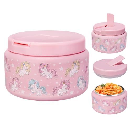 Reeple 13.5oz Kids Soup Jar for Hot Food Vacuum Insulated Food Jar with Buckle Lid, Stainless Steel Wide Mouth Leak Proof Lunch Container for School Picnic Travel (Unicorn Pink)