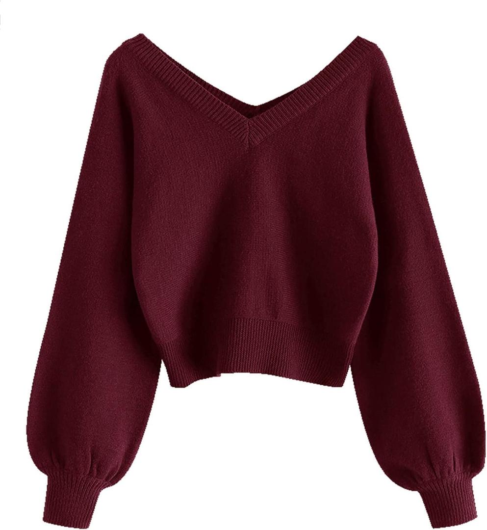 ZAFUL Women's Cropped Sweater V-Neck Long Sleeve Crop Sweater Pullover Jumper Knit Top