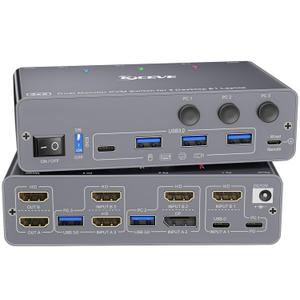 KCEVE KVM Switch 2 Monitors 3 Computers USB C HDMI DP, EDID, USB 3.0 KVM Switch Dual Monitor HDMI for 1 Laptops 2 Desktop Share 4 USB3.0 Device, 73W PD, 4K@60Hz, Aluminum, Power Adapter, Wired Remote