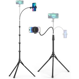 Aureday Phone Tripod, 92" Cell Phone Stand with 15" Gooseneck, Remote and Phone Holder, Overhead & Selfie Stick for Recording/Watching/Vlog, Compatible with iPhone Android (Black)